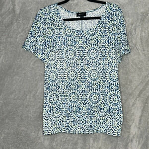 AB Studio XL Shirt Top Blue Yellow Geometric Short Sleeve Scoop Neck Stretch